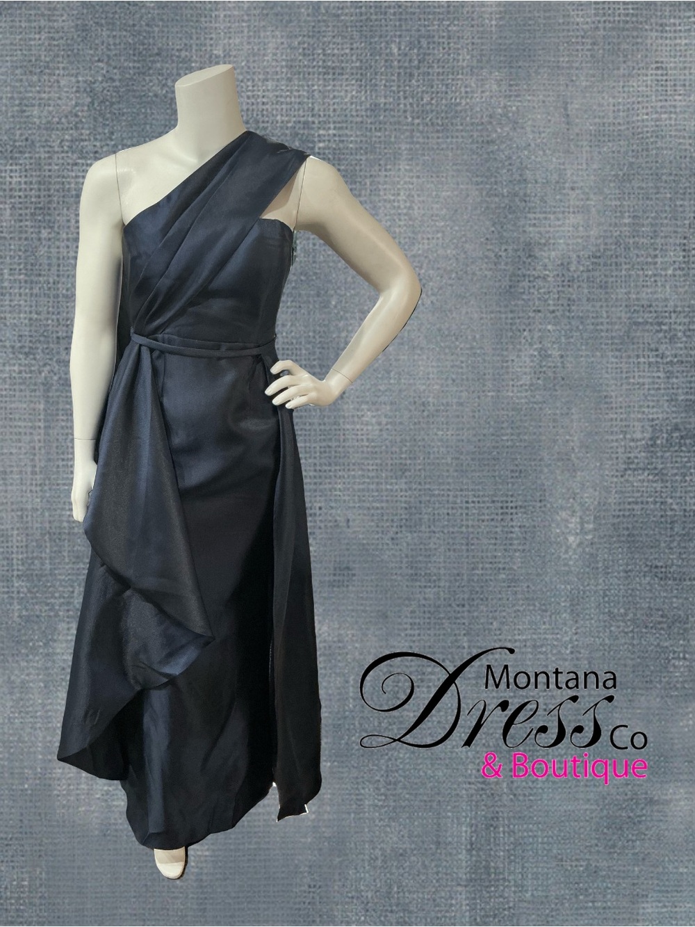 Montana Dress Co. One-Shoulder Black Satin Evening Dress